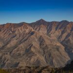 Breathtaking aerial view of the rugged mountain peaks near Mussoorie, India under clear blue skies.